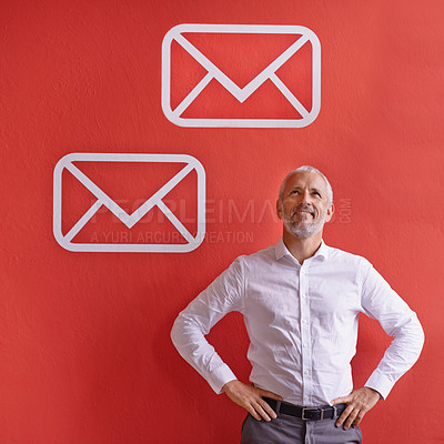 Buy stock photo Mature man, thinking and communication icon in office for email, message and marketing campaign. Manager, business and envelopes in workplace for networking, vision and customer service with idea