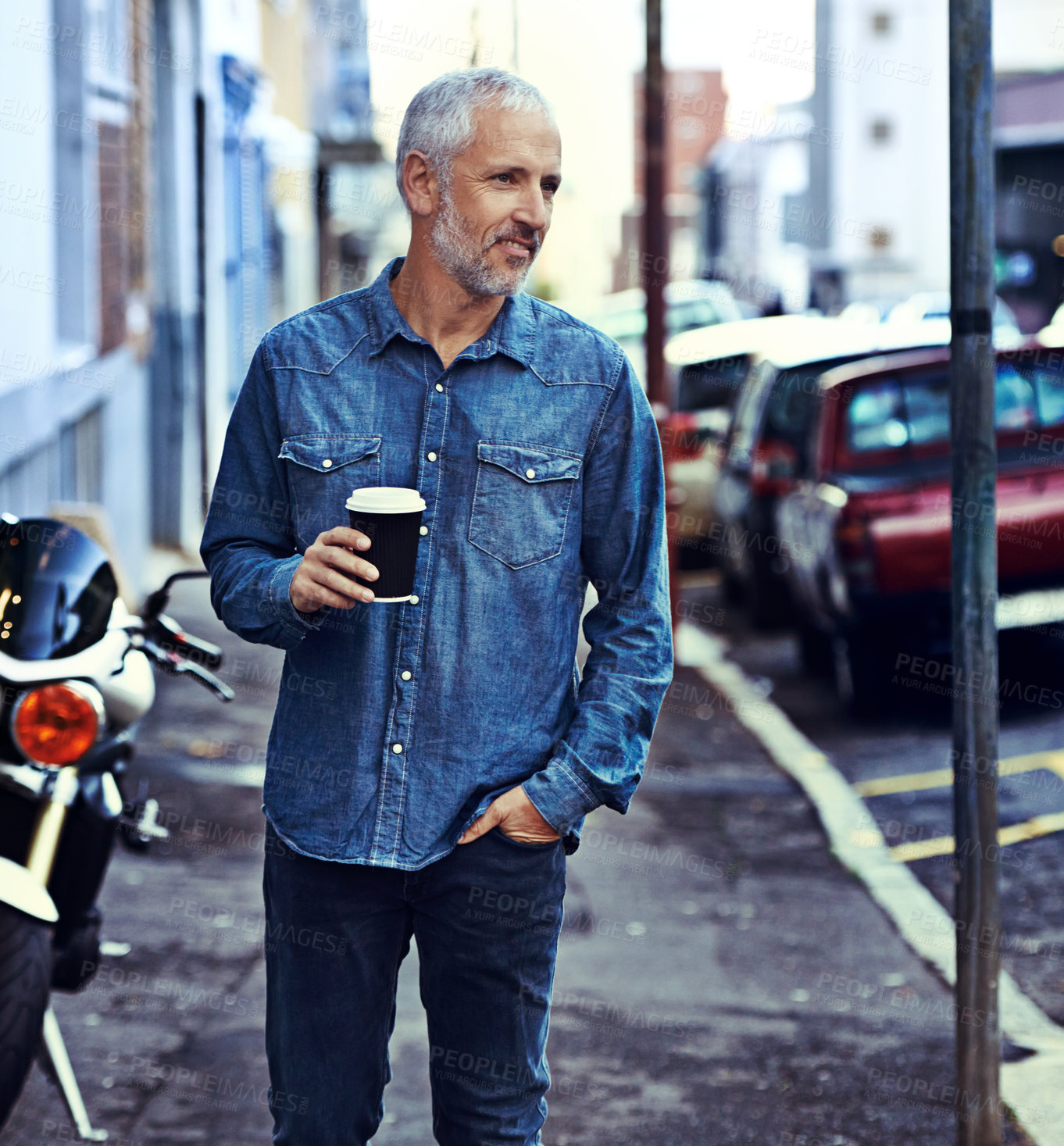 Buy stock photo Mature man, walking and coffee in city for lunch break, travel and relax in morning with by window. Cafe owner, happy and cup of latte by sidewalk for small business, startup or confident in New York