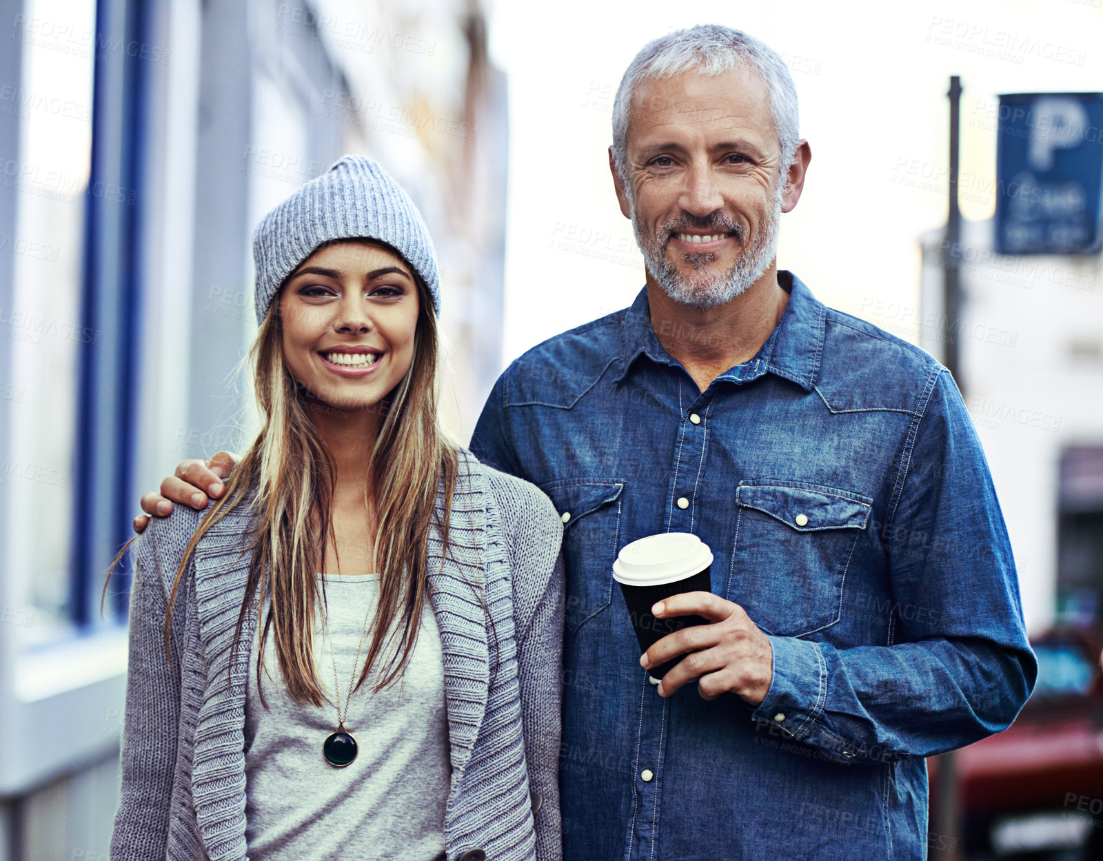 Buy stock photo Woman, father and portrait with smile in city for outdoor, morning adventure and travel together. Happy, man and daughter with coffee in street for holiday, tourism and vacation trip in New York