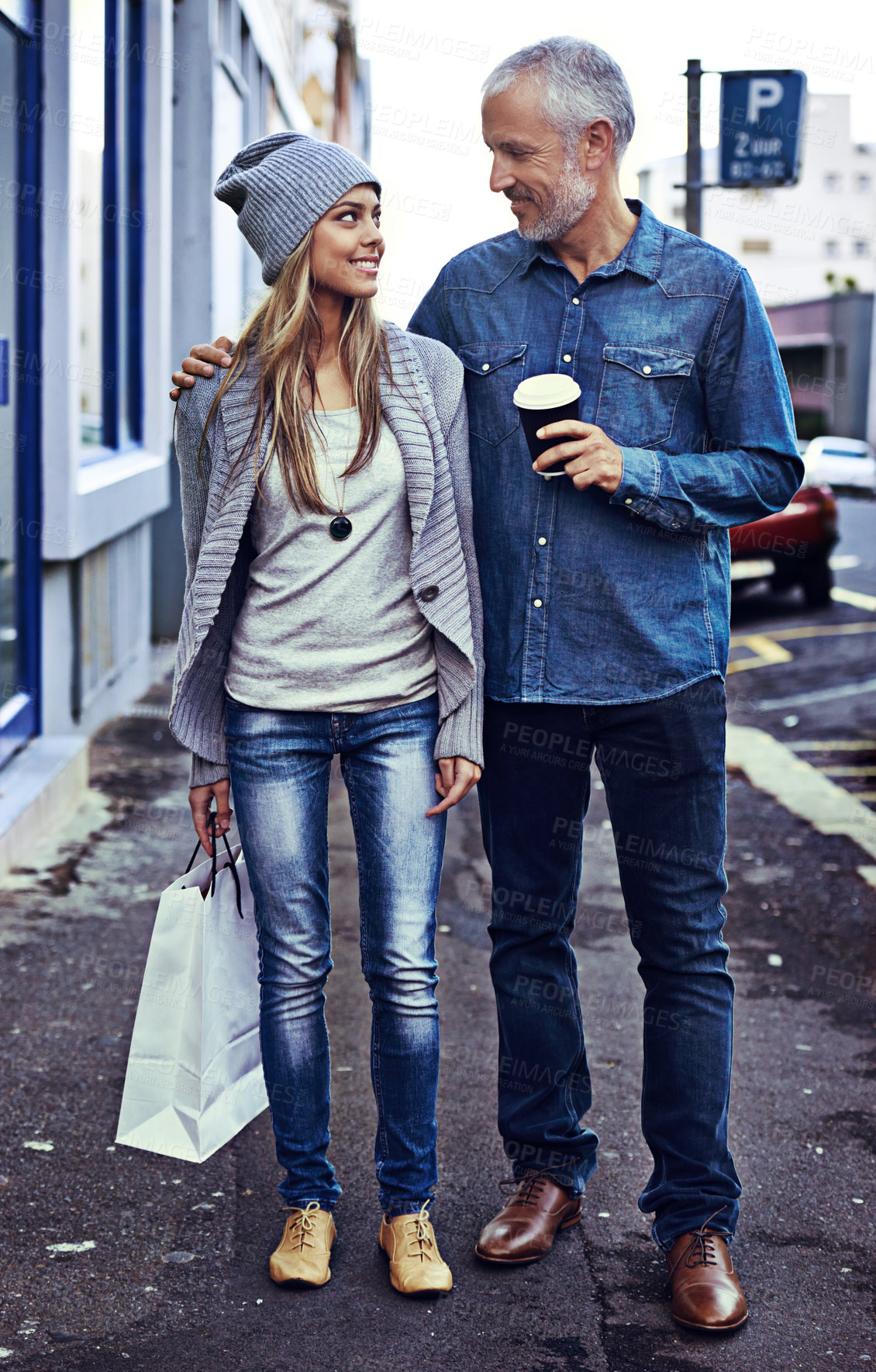 Buy stock photo Mature, man and woman shopping in city for family outing, bonding and takeaway coffee on sidewalk. Father, daughter and happy in road for support, relationship and reunion with love, care and embrace