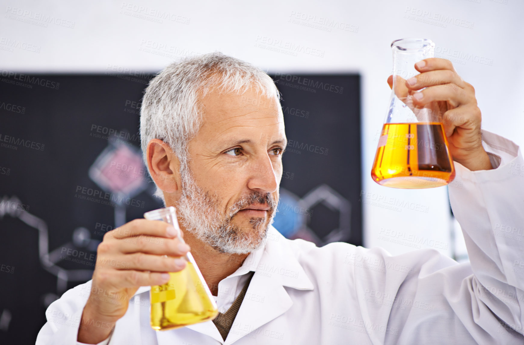 Buy stock photo Experiment, chemical and mature man in lab, scientist and medical research for drug development and cure. Healthcare, thinking and comparing of results, mpox and  liquid for chemistry in clinic