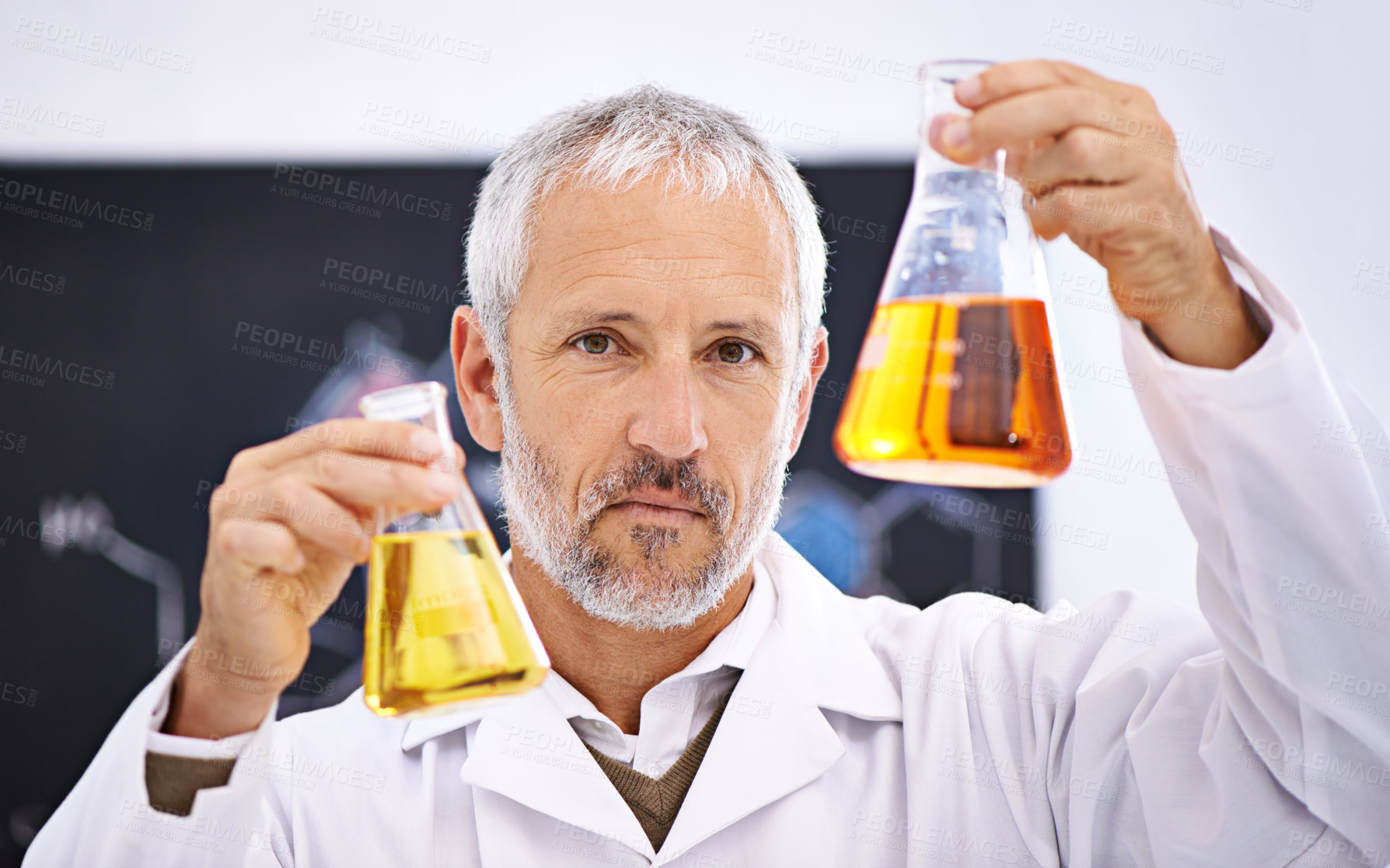 Buy stock photo Mature man, portrait and scientist with chemical compound for experiment, liquid or medical breakthrough at laboratory. Male person, alchemist or chemist with fluid for science, test or exam at lab