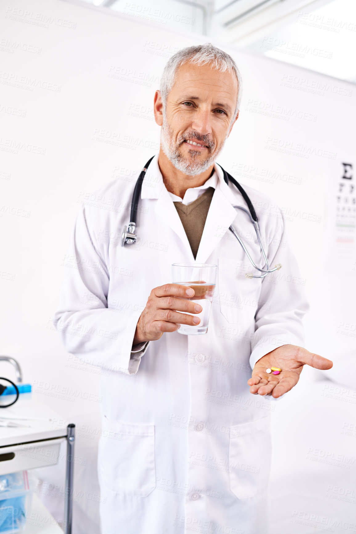 Buy stock photo Pills, water and doctor with portrait of man in hospital for offer, medical and diagnosis. Medicine, insurance and consulting with mature person and supplements for healthcare, cure and pharmacist