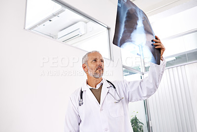 Buy stock photo Mri, radiology and thinking with doctor in hospital for medicine, healthcare and tumor detection. Medical, insurance and lung cancer with mature man and xray scan for pneumonia or disease screening
