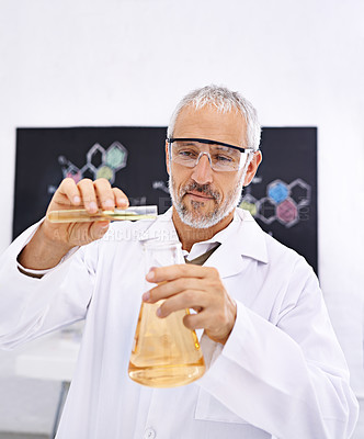 Buy stock photo Shot of a mature male scientist conducting an experiment in his lab