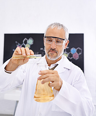 Buy stock photo Glasses, chemistry and scientist liquid in lab, mature man and medical research for healthcare. Thinking, chemical and test with beaker, experimental and drug development for mpox, science and clinic