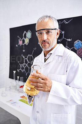 Buy stock photo Mature man, portrait and chemist with chemical compound for experiment, liquid or medical breakthrough at laboratory. Male person, biologist or scientist with fluid for science, test or exam at lab