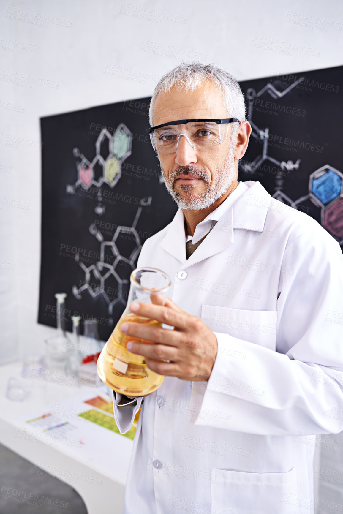 Buy stock photo Mature man, portrait and chemist with chemical compound for experiment, liquid or medical breakthrough at laboratory. Male person, biologist or scientist with fluid for science, test or exam at lab