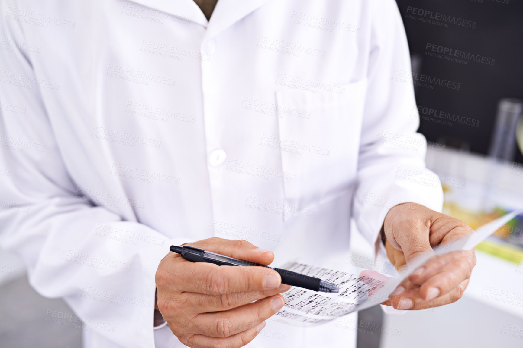 Buy stock photo Person, scientist and hands with dna test for exam, genetic markers or chemical experiment at laboratory. Closeup, biologist or researcher with sample for drug trial in chemistry, biology or science
