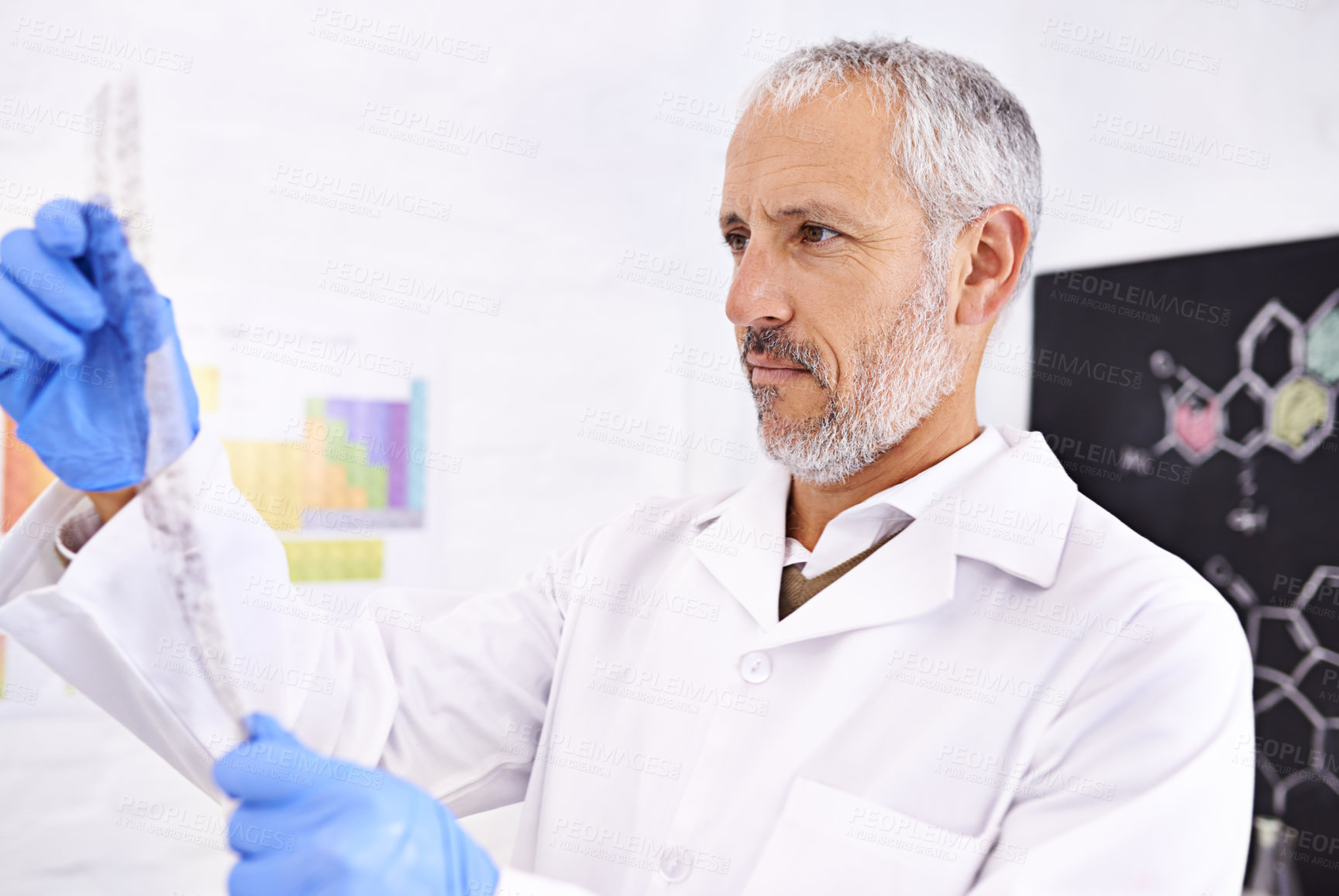 Buy stock photo Science, research and man in lab, DNA test and experiment for breakthrough, diagnosis or thinking. Data analysis, scientist or employee in facility, medical or checking with health or genetic markers
