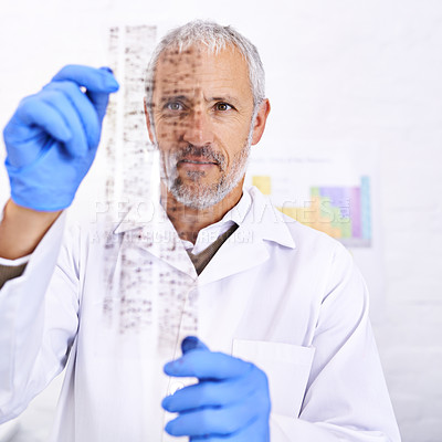 Buy stock photo Medical, man and scientist with dna results of blood analysis, review risk test and experiment information. Researcher, reading and genetic markers in lab for investigation, study and vaccine report