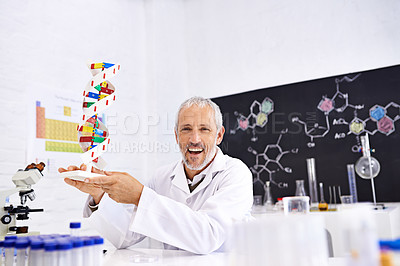 Buy stock photo Mature man, scientist and DNA in portrait, lab and happy with model for biohacking research at pharma company. Person, molecule and study for human genome with pride, excited and particles in Germany