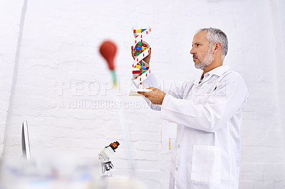 Buy stock photo Mature scientist, man and thinking with dna model in lab for biohacking research at pharmaceutical company. Person, molecule and studying for human genome with review, particles and problem solving
