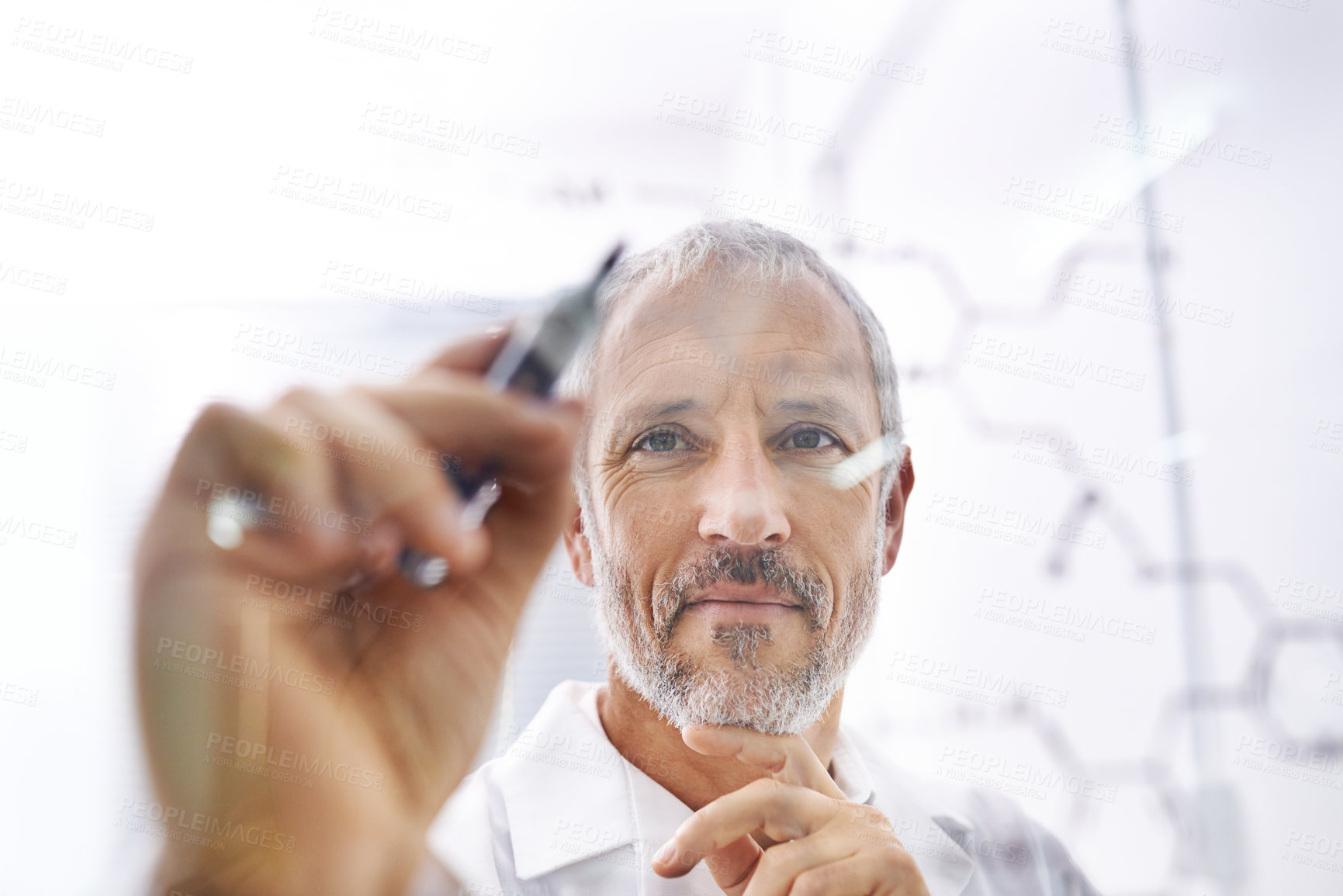 Buy stock photo Chemistry, man and writing on glass for science, problem solving and thinking in lab. Mature scientist, molecular compound and brainstorming at board for insulin development or medicine engineering