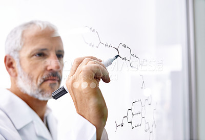 Buy stock photo Man, writing and science by glass wall with idea for formula, chemistry or connection for solution. Mature person, DNA and thinking with notes on board for problem solving, research and pharma career