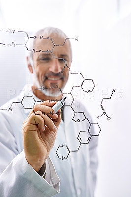 Buy stock photo Man, writing and science by glass wall for formula, chemistry or connection with thinking for solution. Mature person, DNA and notes with idea on board for problem solving, research and pharma career