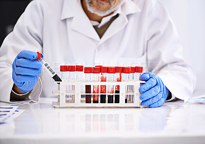 Buy stock photo Blood study, hands and scientist in laboratory for research, studying and monkeypox virus, infection or disease. Medical test, tube and pathology, biology or immunity in dna innovation with doctor