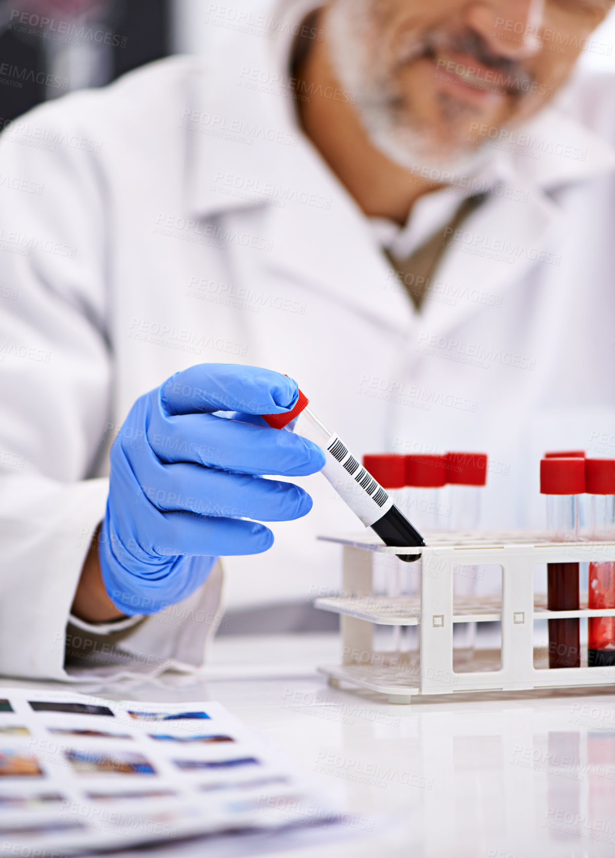 Buy stock photo Man, scientist and laboratory with blood sample in vial for medical analysis, investigation and research. Science, mature person and test tube for dna exam, study and scientific experiment with smile