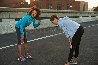 Buy stock photo Rest, fitness and women in city for exercise, marathon training and cardio workout in urban town. Sports, friends and people for break, recovery and fatigue for performance, endurance and running