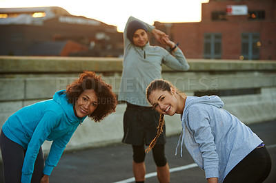 Buy stock photo Rest, fitness and portrait of friends in city for exercise, marathon training and workout in town. Sports, happy and people for stretching, recovery and breathe for performance, health and running