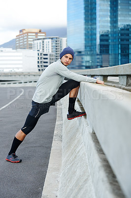Buy stock photo Man, stretching and bridge for fitness outdoor with marathon training, cardio exercise and muscle growth of health. Active, runner and warm up with workout performance, balance and sports challenge