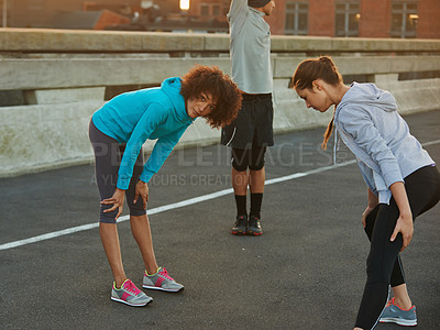 Buy stock photo Relax, fitness and people in city for exercise, marathon training and cardio workout in town. Sports, friends and women and man for rest, recovery and fatigue for performance, endurance and running