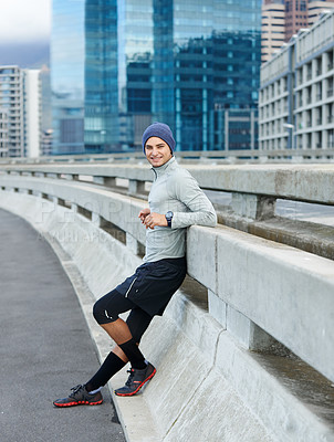 Buy stock photo Fitness, portrait and happy man relax in city after training, exercise or cardio for body health. Sport, smile or runner rest on street outdoor for wellness, break or workout to lose weight in Brazil