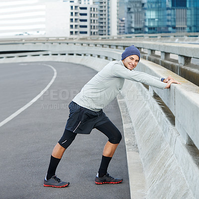 Buy stock photo Portrait, man and stretching on bridge for fitness with marathon training, cardio exercise and muscle growth. Active, runner and warm up with workout performance, wellness goals and sports challenge