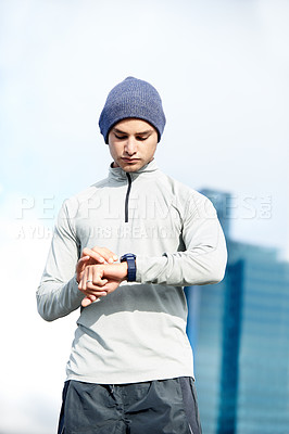 Buy stock photo Man, runner and check watch in street for timer, steps and progress with training for marathon in city. Person, athlete and break with workout, exercise and stopwatch on metro sidewalk in Canada