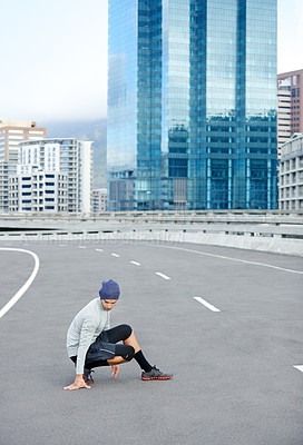 Buy stock photo City, road and man with warm up for fitness, exercise and preparation for training challenge outdoor. Bridge, male person or runner with body stretching for running, marathon competition and wellness