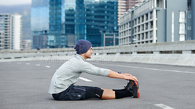 Buy stock photo Man, city and stretching legs for exercise on street, bridge challenge and morning for cardio workout. Male person, warm up and urban town for muscle relief, outdoor and athlete for start of training