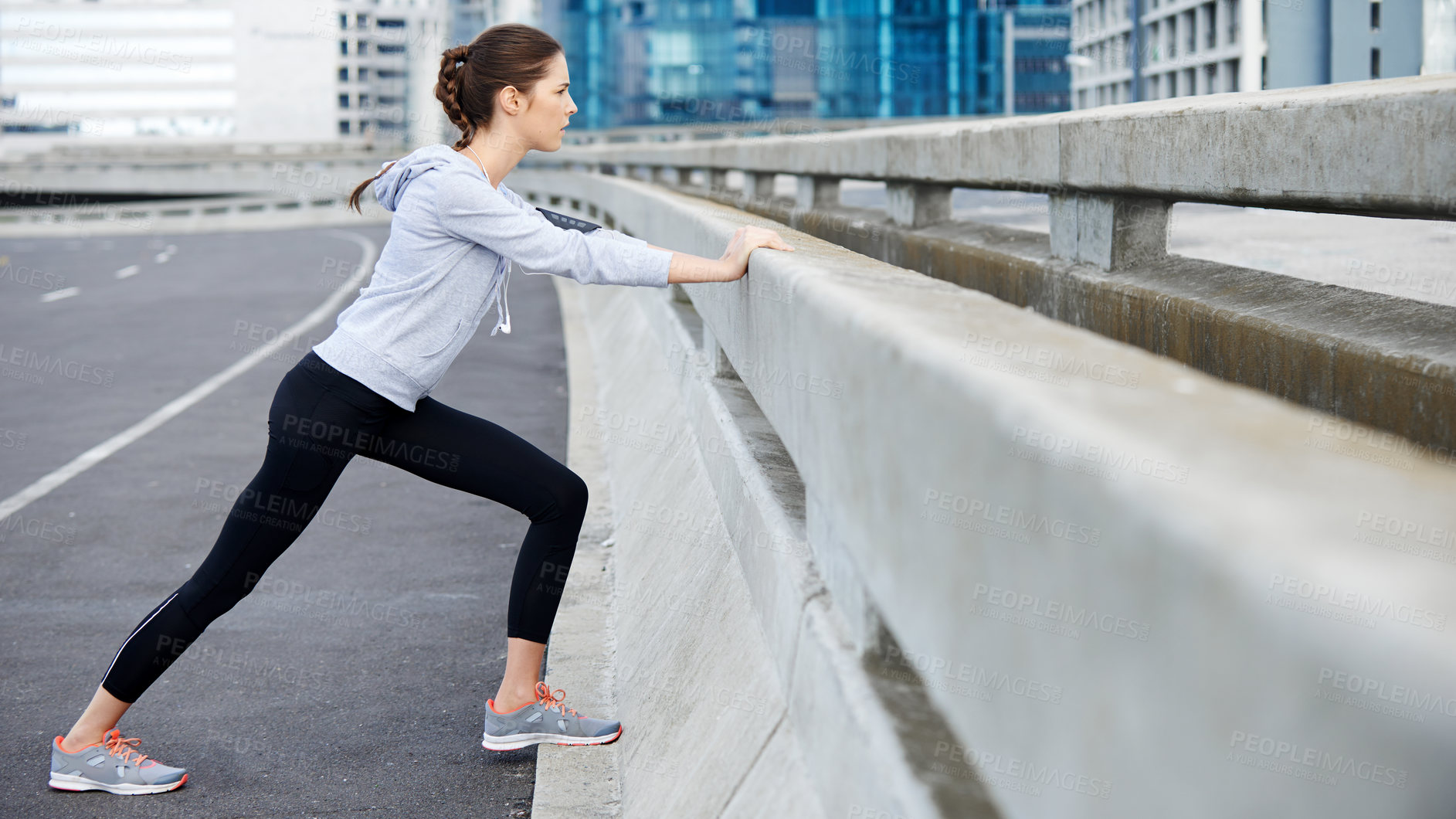 Buy stock photo Woman, city and warm up for fitness on street, bridge challenge and morning for cardio workout. Female person, stretching and urban town for muscle relief, outdoor and athlete for start of training