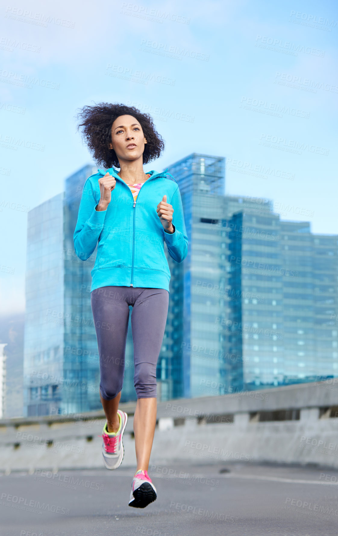 Buy stock photo Woman, road and bridge with running for fitness or training, exercise and self care in California. Workout, outdoor and female person with jogging for health, wellness and wellbeing in city highway