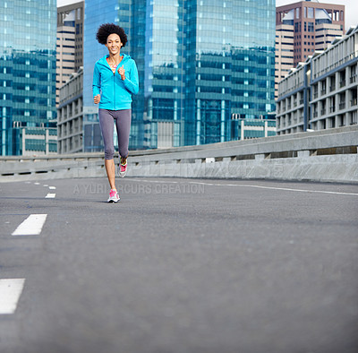 Buy stock photo Woman, road and happy with running for fitness or training, exercise and self care in California. Workout, portrait and female person with jogging for health, wellness and wellbeing in city bridge