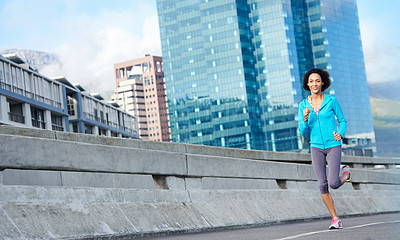 Buy stock photo Fitness, bridge and woman running in morning in city for race, marathon or endurance training in road. Sports, health and athlete with cardio workout or exercise for outdoor challenge in urban town.
