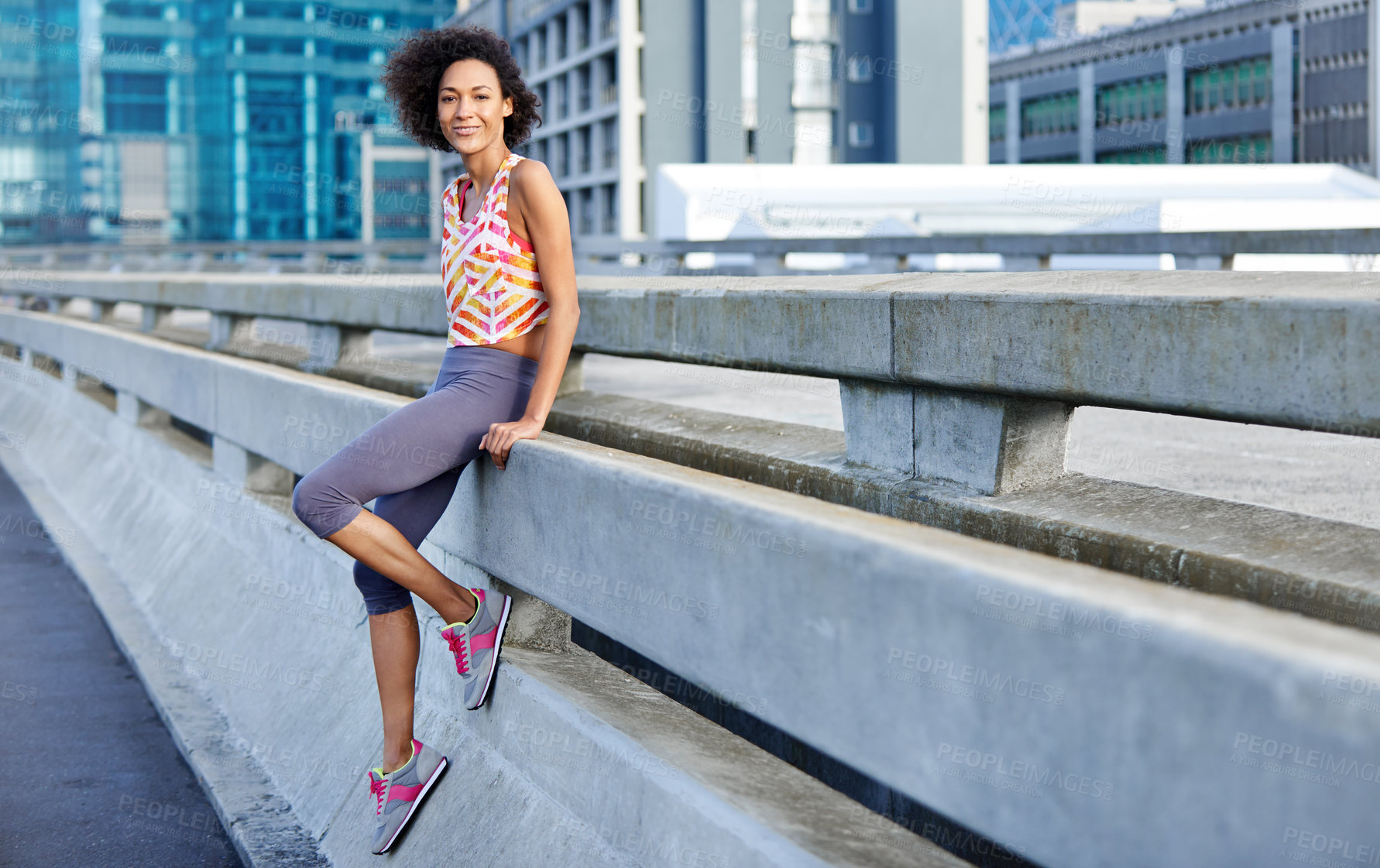 Buy stock photo African woman, exercise and break in city for running, sports or training on street or road. Health, jogging and runner portrait or female athlete getting ready for fitness, marathon or cardio