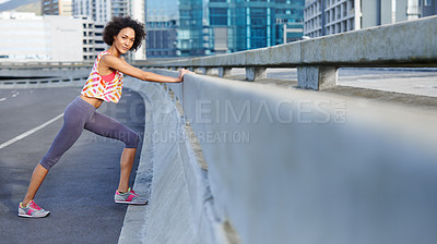 Buy stock photo Stretching, fitness and portrait of woman in city for wellness, exercise and warm up in morning. Female person, athlete and sports with workout on road for flexibility, training and preparing for run
