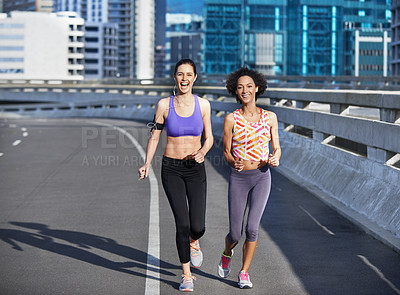 Buy stock photo Running, speed and athlete with portrait of  friends in city for training, fitness and wellness. Health, exercise and marathon workout with people for urban, cardio and sports performance together
