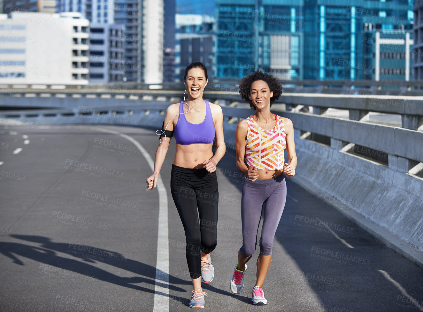 Buy stock photo Running, speed and athlete with portrait of  friends in city for training, fitness and wellness. Health, exercise and marathon workout with people for urban, cardio and sports performance together