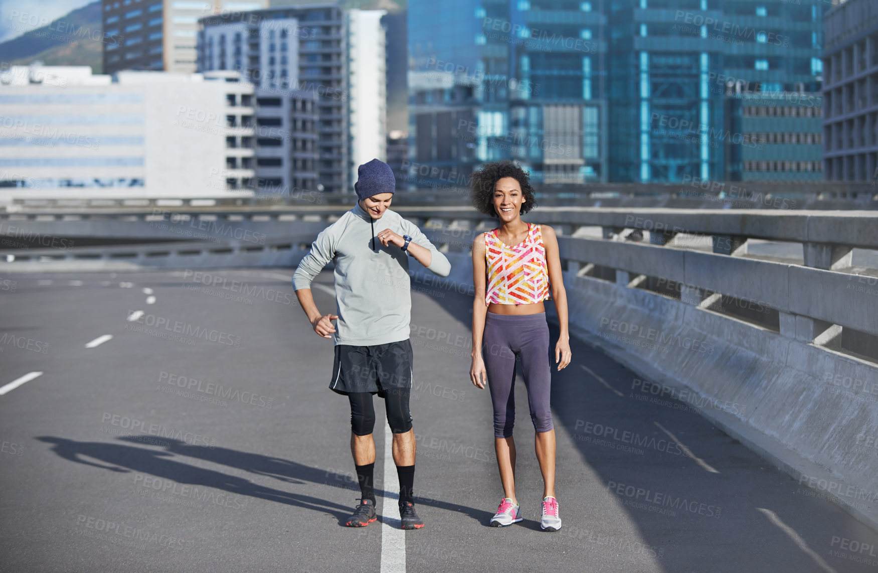 Buy stock photo Running, speed and athlete with friends in city for start of training, fitness and wellness. Health, exercise and marathon workout with people for urban race, cardio and sports performance together
