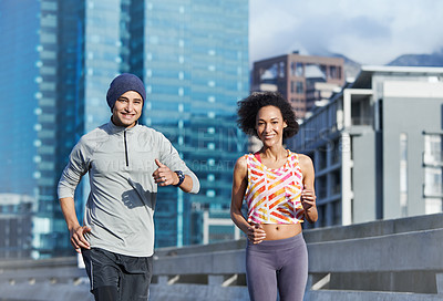 Buy stock photo Couple, portrait and running in city for fitness, health and bonding together in morning with smile. People, face and happy for love, exercise and workout on bridge with teamwork training in New York