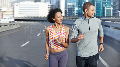 Buy stock photo Running, race and training with couple in city for start of fitness, athlete and wellness. Health, exercise and marathon workout with people for urban, cardio and sports performance together