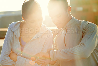 Buy stock photo Check time, fitness and friends in city, people and heart rate with cardio workout, sunshine and morning routine. New York, lens flare and results with wellness, watch and training with exercise