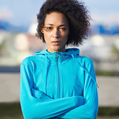 Buy stock photo Woman, runner and portrait on road, arms crossed and ready for fitness, training and health in morning. Person, outdoor and exercise on metro street for workout, progress and prepare for marathon