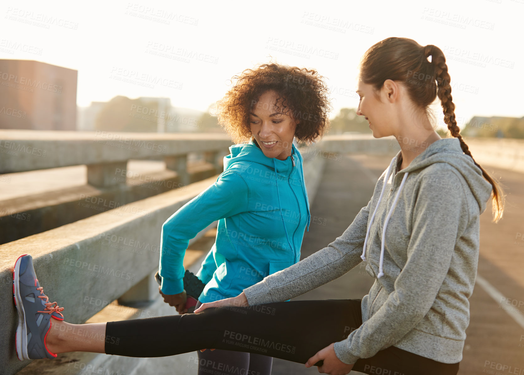 Buy stock photo Women, friends and stretching with leg in fitness on road for workout preparation, training or outdoor exercise. Young, female people or runners in warm up or getting ready for run or cardio in town