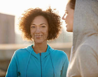 Buy stock photo Runner, women and friends in city at sunrise, portrait and smile for fitness, training and health in morning. People, pride and workout on metro road with exercise, teamwork and prepare for marathon