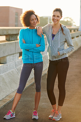 Buy stock photo Portrait, support and women in city, stretching and exercise with training, balance and urban town. Face, runners and people with motivation, New York and cardio workout with wellness and healthy