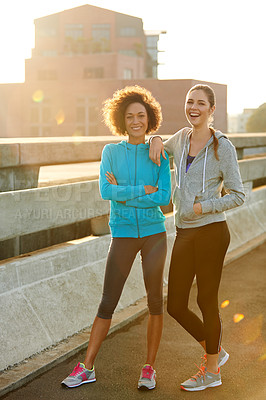 Buy stock photo Portrait, wellness and women in city, smile and exercise with training, happiness and urban town. Face, runners and people with confidence, New York and cardio workout with support and healthy