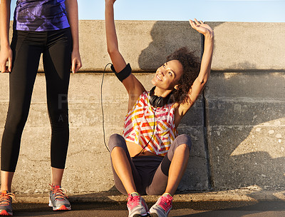 Buy stock photo Friends, happy and women in city for exercise, marathon training and workout in urban town. Sports, fitness and people rest, relax and celebrate for performance, health and wellness for running