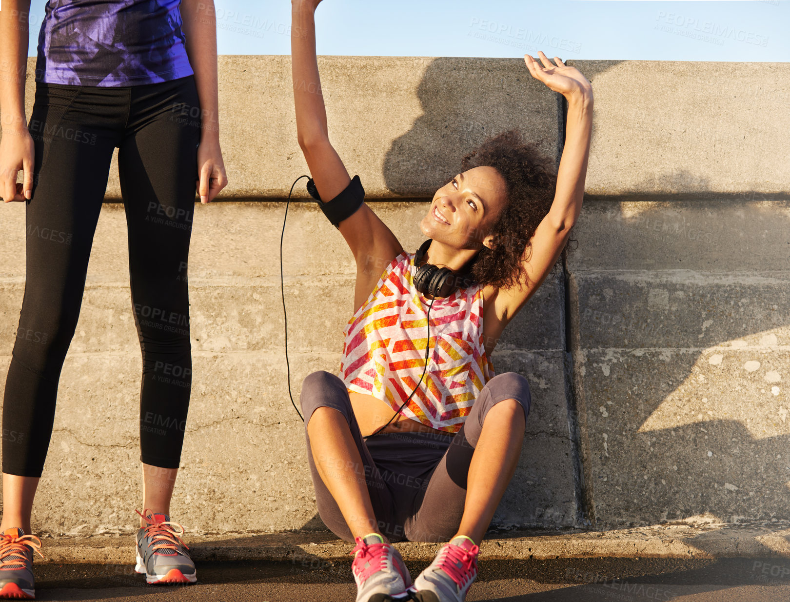 Buy stock photo Friends, happy and women in city for exercise, marathon training and workout in urban town. Sports, fitness and people rest, relax and celebrate for performance, health and wellness for running